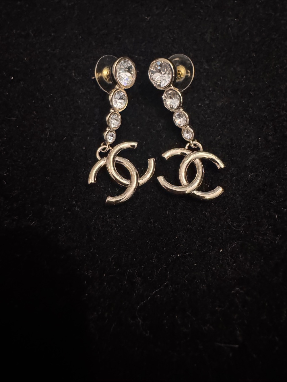 CHANEL Gold CC Drop Earrings with Clear Crystals